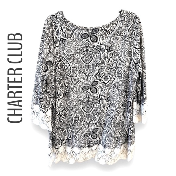 CHARTER CLUB Navy and white paisley lace edge long sleeve tunic top 2X NWOT - Picture 1 of 7